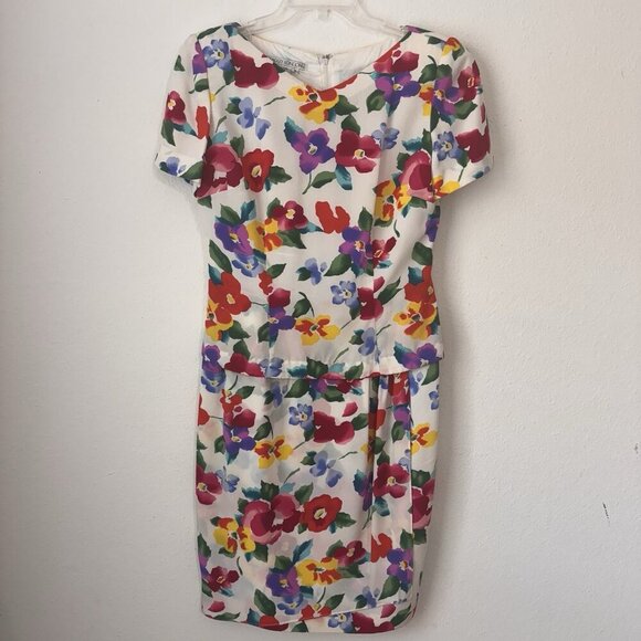 Vintage MAGGY LONDON Dress Size 6 100% Silk White Floral Sheath Colorful 50s - Picture 1 of 10